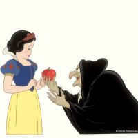 Snow White with the Witch Offering the Poisoned Apple. Disney Studio Artist Cel; ink and acrylic on cellulose acetate Courtesy Walt Disney Animation Research Library; c.Disney.